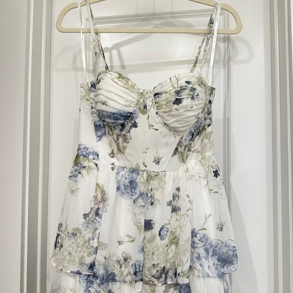 NEW Dessy Collection Bustier Ruffle Evening Gown in Bleu Garden Print Size 2 - Picture 4 of 9